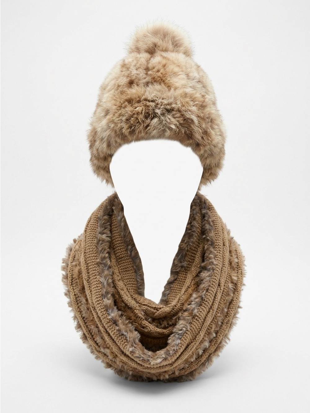 Rudsak Knit Beanie Hat Infinity Scarf Set Tan Real Raccoon Rabbit Fur Trim EUC